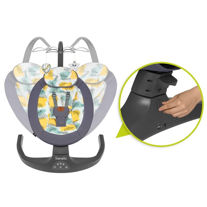 Lionelo - Balansoar si sezlong copii, Ralf, 2 in 1, Electric, Cu telecomanda si cablu USB, Cu miscare laterala de balansare si 5 niveluri diferite de viteza, Cu 12 melodii, Gri