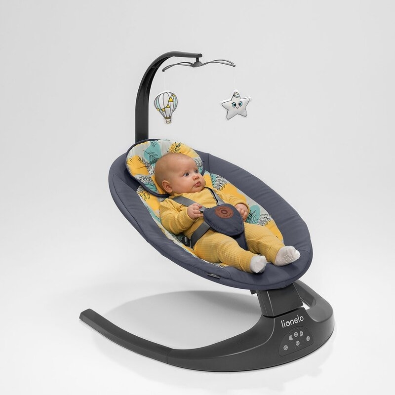Lionelo - Balansoar si sezlong copii, Ralf, 2 in 1, Electric, Cu telecomanda si cablu USB, Cu miscare laterala de balansare si 5 niveluri diferite de viteza, Cu 12 melodii, Gri
