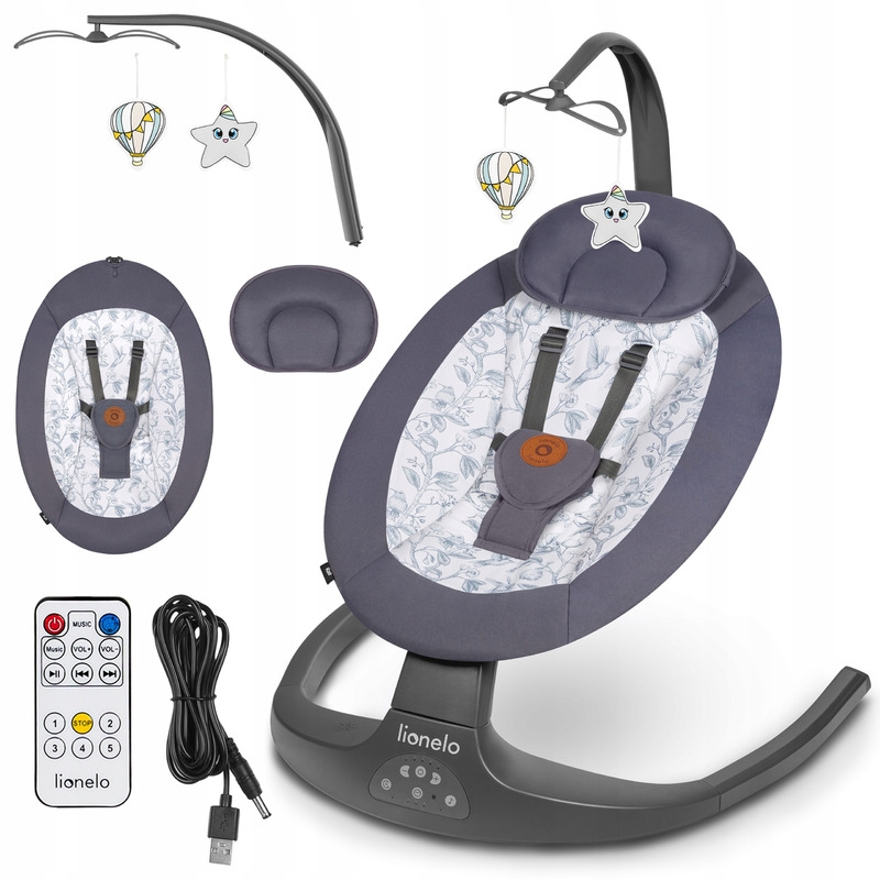 Lionelo - Balansoar si sezlong copii, Ralf, 2 in 1, Electric, Cu telecomanda si cablu USB, Cu miscare laterala de balansare si 5 niveluri diferite de viteza, Cu 12 melodii, Gri Grafit