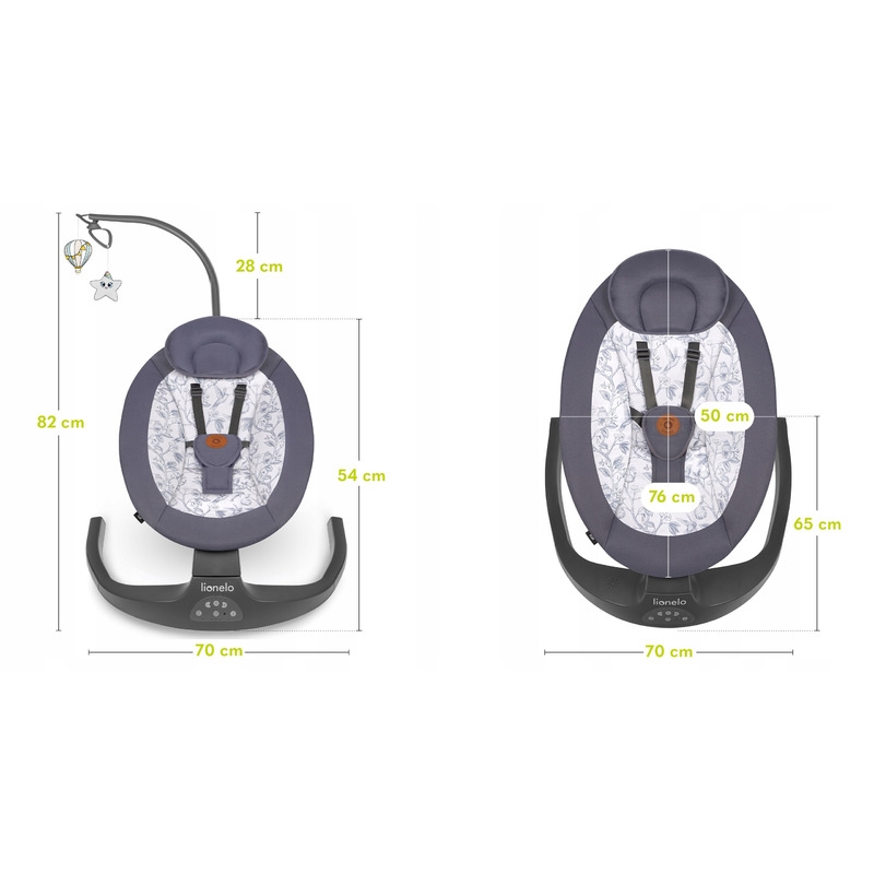 Lionelo - Balansoar si sezlong copii, Ralf, 2 in 1, Electric, Cu telecomanda si cablu USB, Cu miscare laterala de balansare si 5 niveluri diferite de viteza, Cu 12 melodii, Gri Grafit
