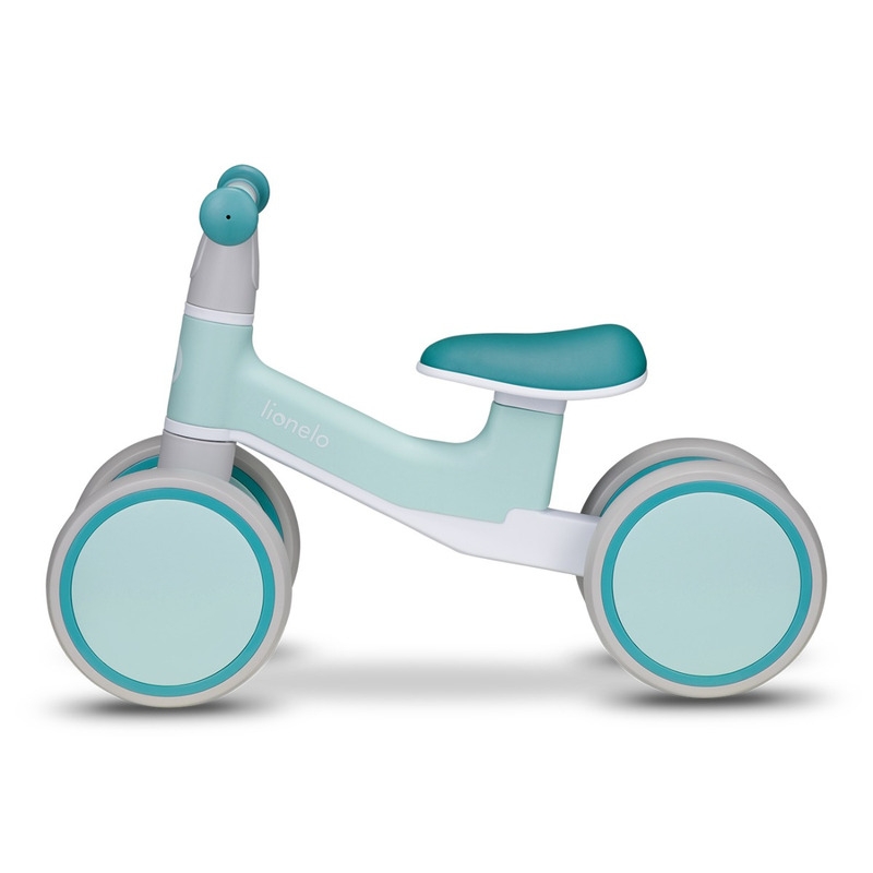 Lionelo - Bicicleta fara pedale Villy, Cu 4 roti, Din spuma EVA si TPR, Stabila, Manere moi, antiderapante, 12- 36 luni, Sustine pana la 30 kg, Certificata EN 71-1:2014, EN 71-2:2011, EN 71-3:2019, Verde turcoaz