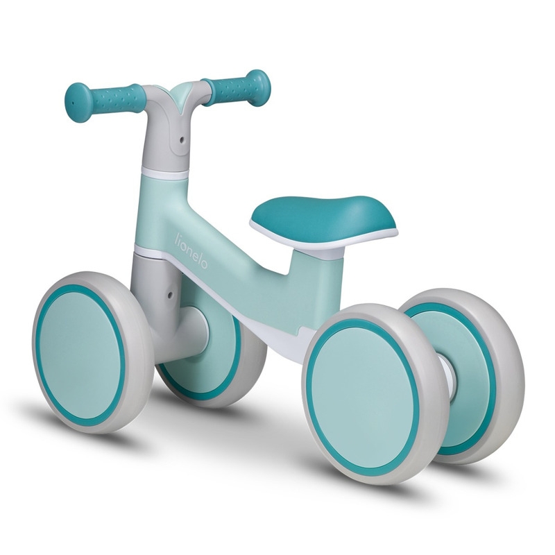 Lionelo - Bicicleta fara pedale Villy, Cu 4 roti, Din spuma EVA si TPR, Stabila, Manere moi, antiderapante, 12- 36 luni, Sustine pana la 30 kg, Certificata EN 71-1:2014, EN 71-2:2011, EN 71-3:2019, Verde turcoaz