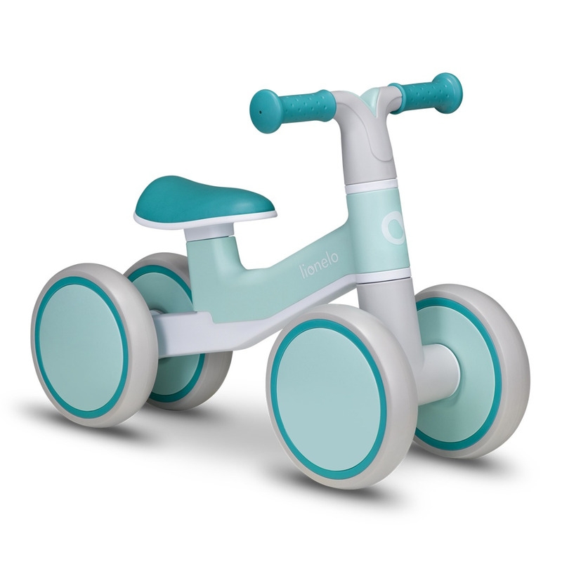 Lionelo - Bicicleta fara pedale Villy, Cu 4 roti, Din spuma EVA si TPR, Stabila, Manere moi, antiderapante, 12- 36 luni, Sustine pana la 30 kg, Certificata EN 71-1:2014, EN 71-2:2011, EN 71-3:2019, Verde turcoaz