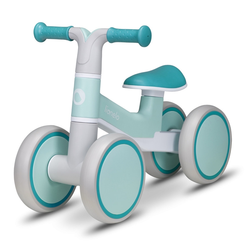 Lionelo - Bicicleta fara pedale Villy, Cu 4 roti, Din spuma EVA si TPR, Stabila, Manere moi, antiderapante, 12- 36 luni, Sustine pana la 30 kg, Certificata EN 71-1:2014, EN 71-2:2011, EN 71-3:2019, Verde turcoaz