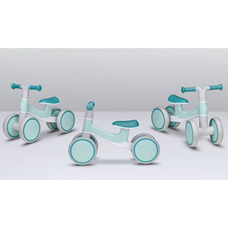 Lionelo - Bicicleta fara pedale Villy, Cu 4 roti, Din spuma EVA si TPR, Stabila, Manere moi, antiderapante, 12- 36 luni, Sustine pana la 30 kg, Certificata EN 71-1:2014, EN 71-2:2011, EN 71-3:2019, Verde turcoaz