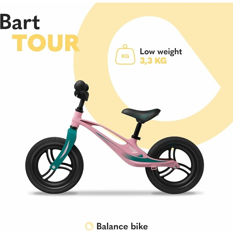 Lionelo - Bicicleta usoara Bart Tour, Fara pedale, Cu cadru din magneziu, Cu ghidon si sa reglabile, Greutate 3.8 Kg, 12 inch, Conform cu standardul european de securitate EN71, Pink Bubblegum
