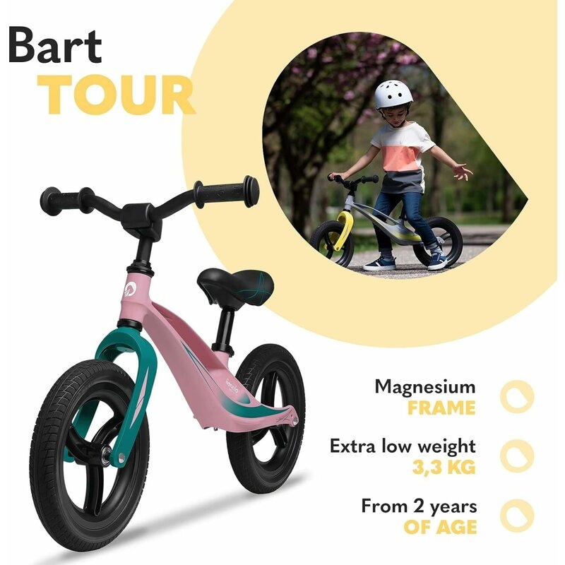 Lionelo - Bicicleta usoara Bart Tour, Fara pedale, Cu cadru din magneziu, Cu ghidon si sa reglabile, Greutate 3.8 Kg, 12 inch, Conform cu standardul european de securitate EN71, Pink Bubblegum