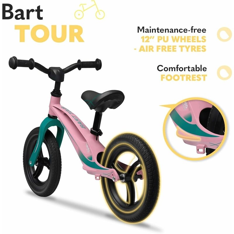 Lionelo - Bicicleta usoara Bart Tour, Fara pedale, Cu cadru din magneziu, Cu ghidon si sa reglabile, Greutate 3.8 Kg, 12 inch, Conform cu standardul european de securitate EN71, Pink Bubblegum