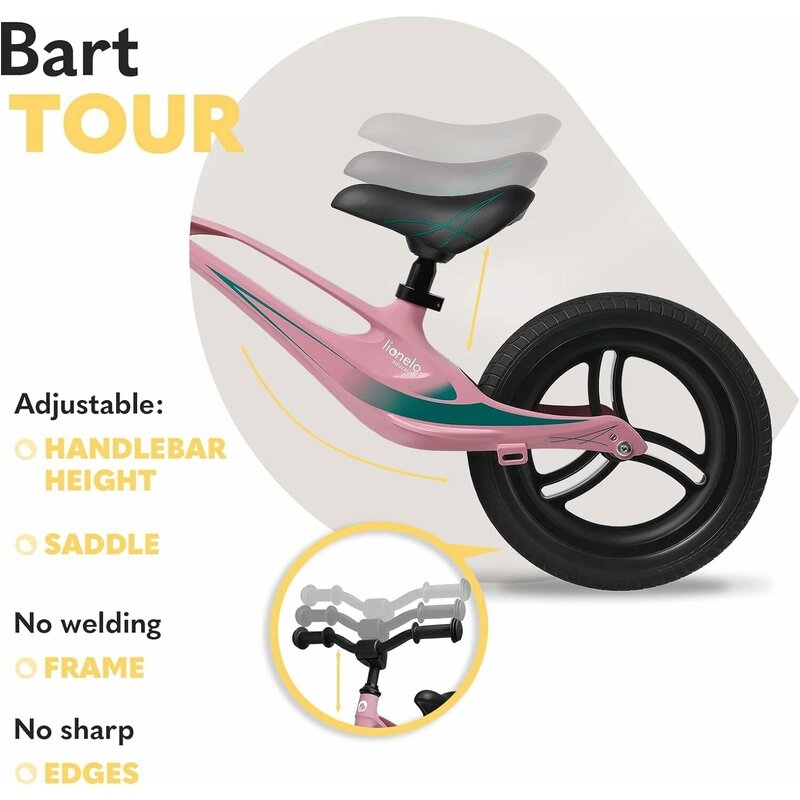 Lionelo - Bicicleta usoara Bart Tour, Fara pedale, Cu cadru din magneziu, Cu ghidon si sa reglabile, Greutate 3.8 Kg, 12 inch, Conform cu standardul european de securitate EN71, Pink Bubblegum