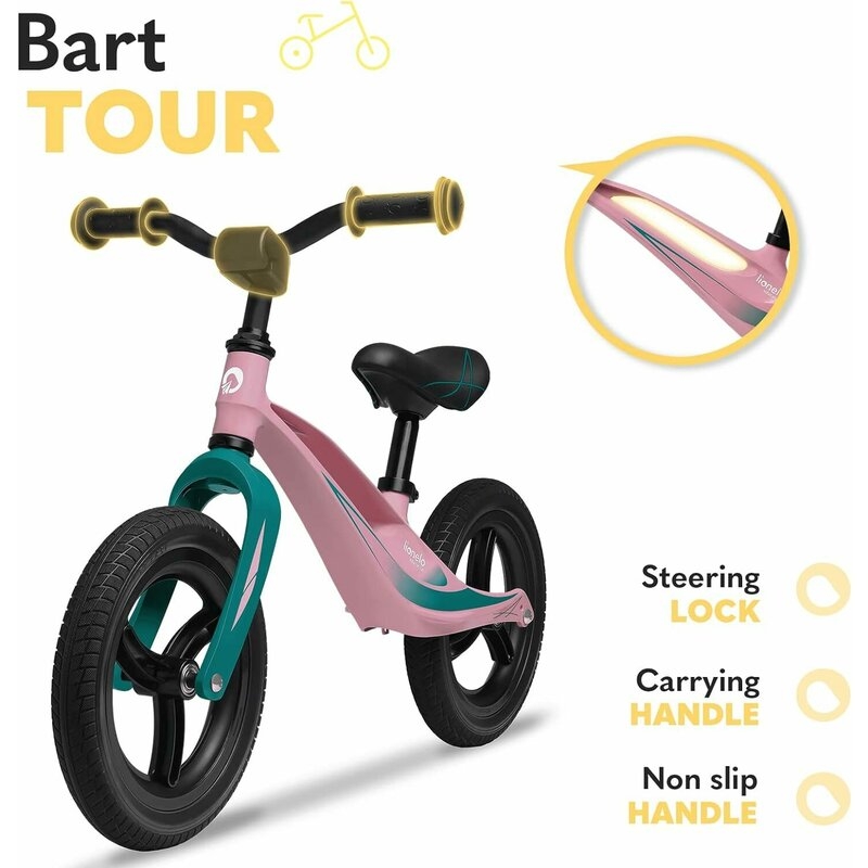 Lionelo - Bicicleta usoara Bart Tour, Fara pedale, Cu cadru din magneziu, Cu ghidon si sa reglabile, Greutate 3.8 Kg, 12 inch, Conform cu standardul european de securitate EN71, Pink Bubblegum