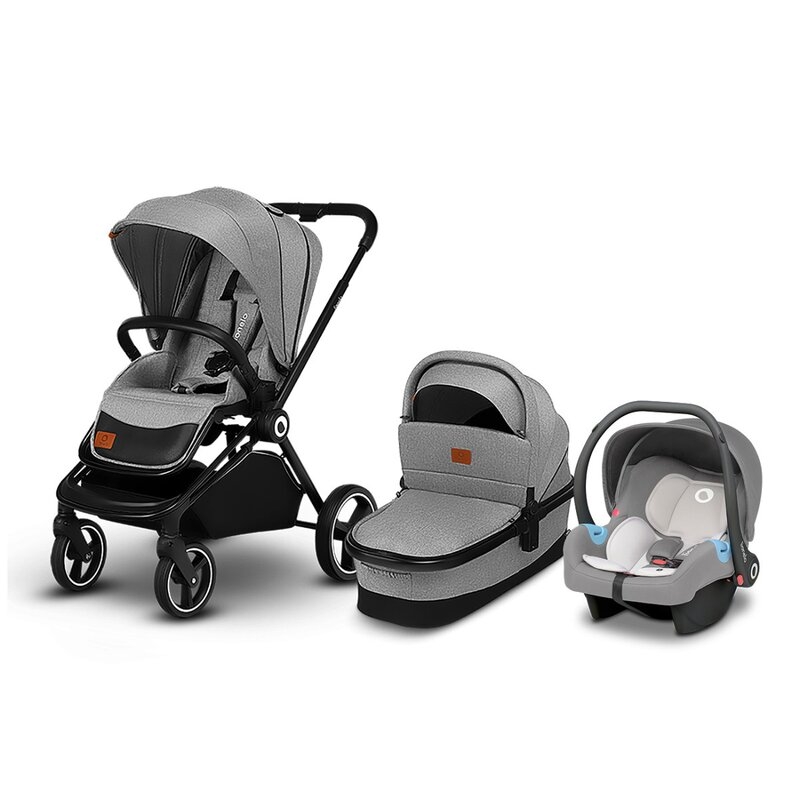 Lionelo - Carucior compact Mika, 3 in 1, Cadru din aluminiu, Cu landou intarit si salteluta moale, Scoica auto, Reversibil, Maner ajustabil, Huse pentru picioare, Plasa de tantari, Husa de ploaie, Pana la 22 kg, Gri Deschis