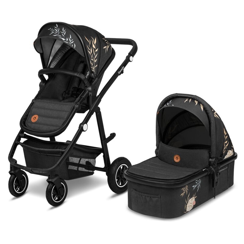 Lionelo - Carucior compact Amber Lovin, 2 in 1, Cadru din aluminiu, Cu landou intarit si salteluta moale, Scoica auto, Reversibil, Maner ajustabil, Huse pentru picioare, Plasa de tantari, Husa de ploaie, Geanta parinti, Pana la 22 kg, Negru
