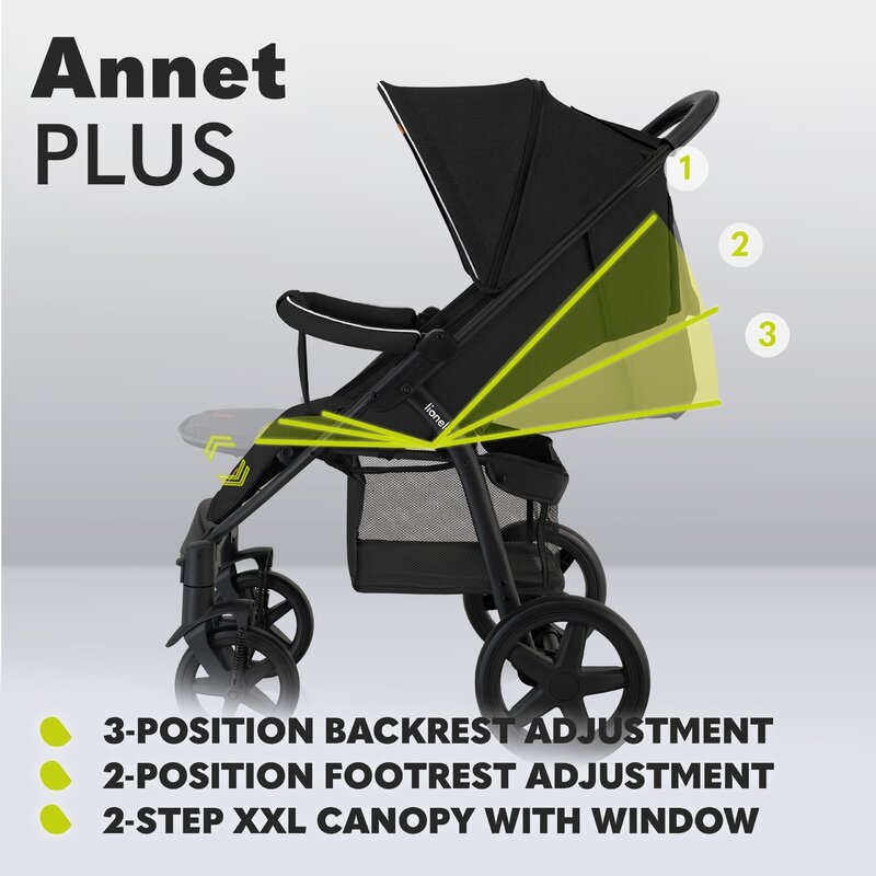 Lionelo - Carucior sport Annet Plus, De la nastere, Cu accesorii si capotina XXL reglabila, 0 - 22 Kg, Conform cu standardele europene de securitate EN1888-1 si EN1888-2, Verde