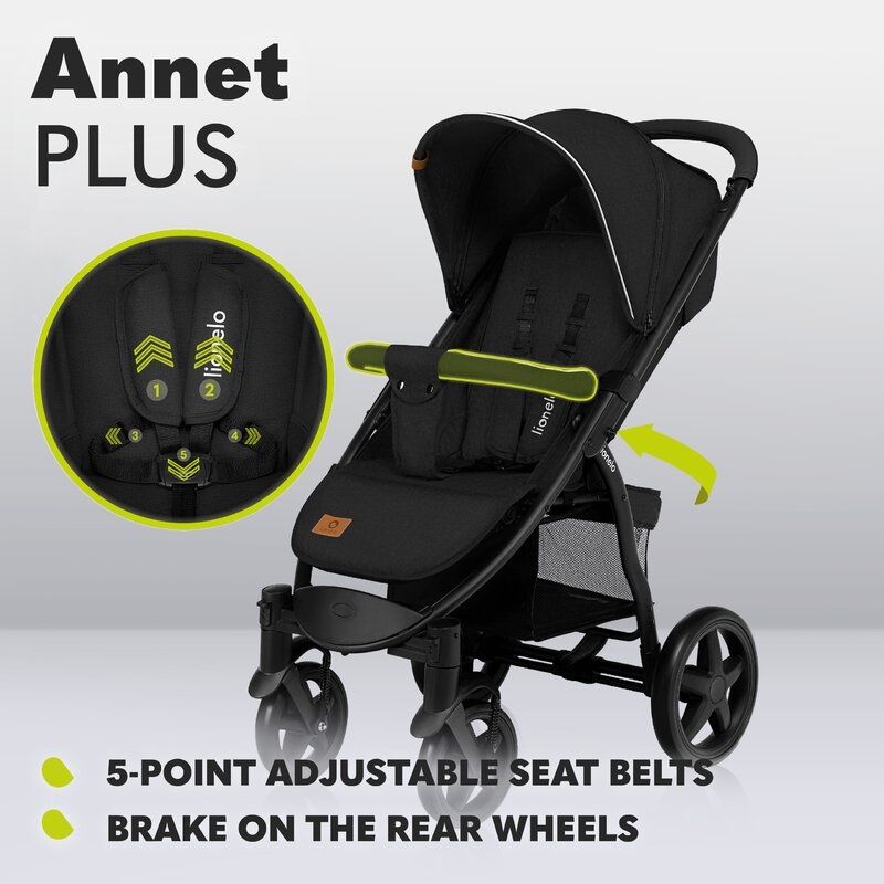 Lionelo - Carucior sport Annet Plus, De la nastere, Cu accesorii si capotina XXL reglabila, 0 - 22 Kg, Conform cu standardele europene de securitate EN1888-1 si EN1888-2, Verde