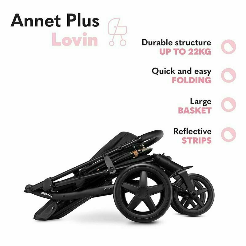 Carucior sport, Lionelo, Annet Plus Lovin', Editie limitata, De la nastere, Cu accesorii, 0 - 22 Kg, Conform cu standardele europene de securitate EN1888-1 si EN1888-2, Negru, Resigilat