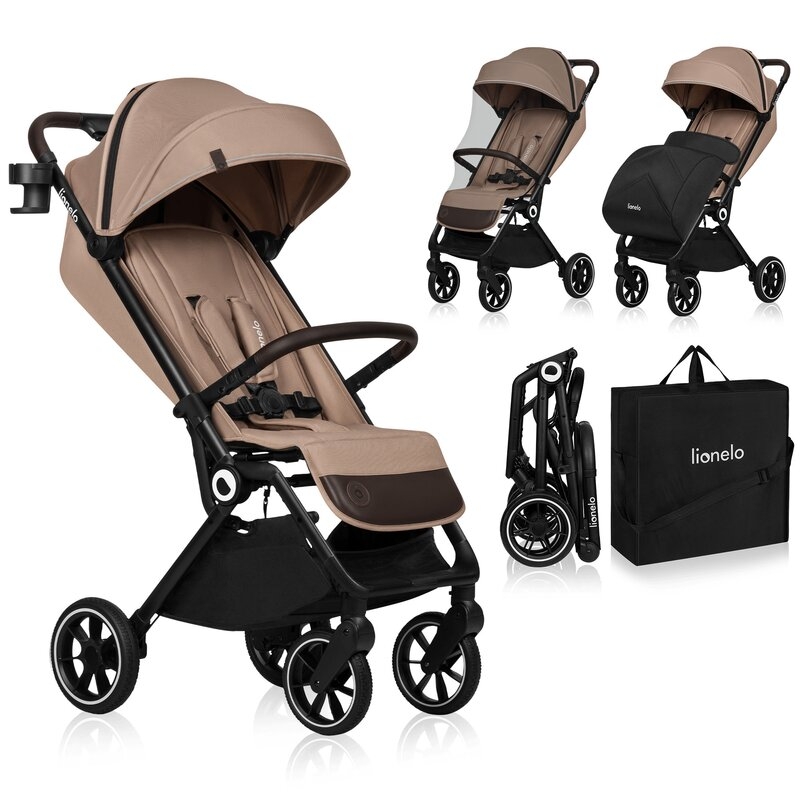 Lionelo - Carucior sport Cloe, De la nastere, Cu accesorii, Cadru din aluminiu, 0-22 kg, Usor, Pliabil cu o singura mana, Ideal pentru toate tipurile de suprafete, Bej