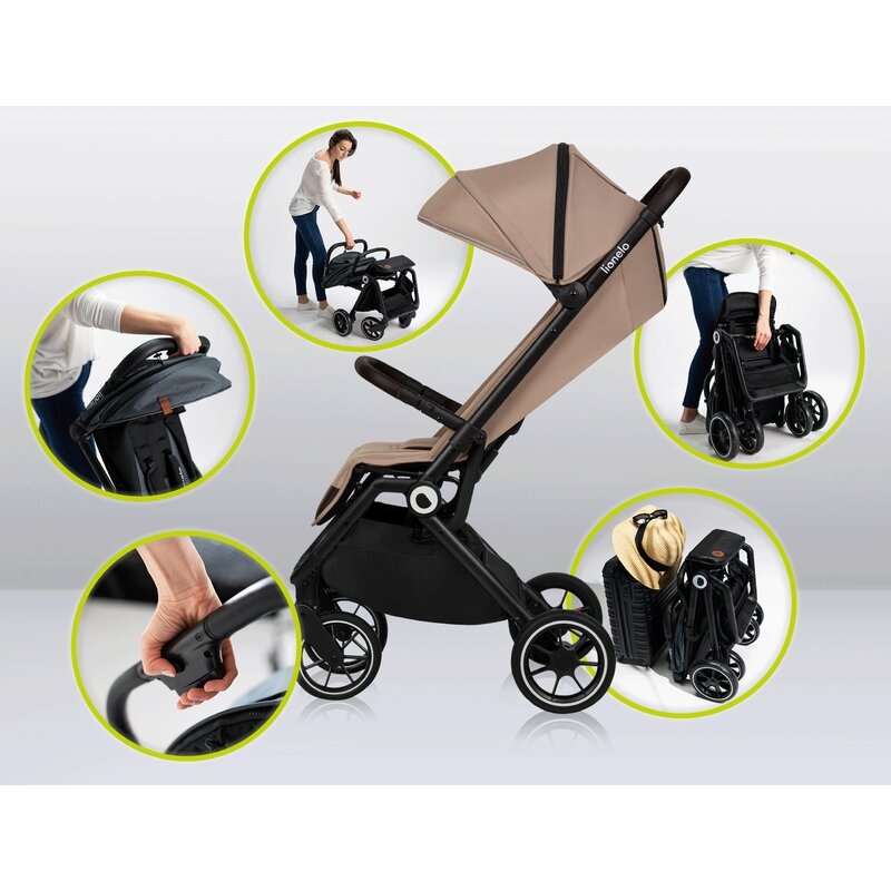 Lionelo - Carucior sport Cloe, De la nastere, Cu accesorii, Cadru din aluminiu, 0-22 kg, Usor, Pliabil cu o singura mana, Ideal pentru toate tipurile de suprafete, Bej