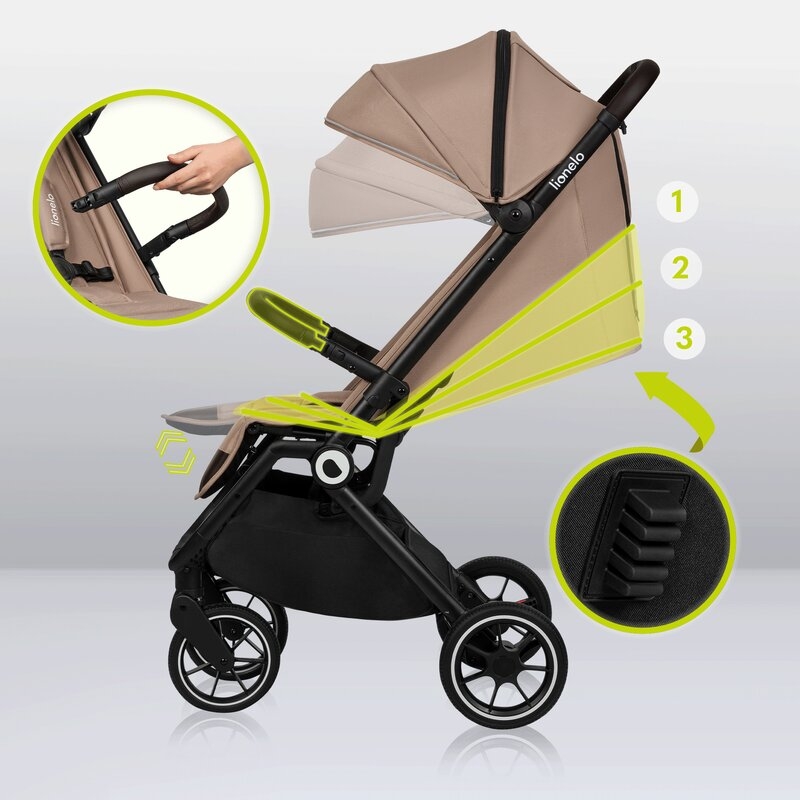 Lionelo - Carucior sport Cloe, De la nastere, Cu accesorii, Cadru din aluminiu, 0-22 kg, Usor, Pliabil cu o singura mana, Ideal pentru toate tipurile de suprafete, Bej