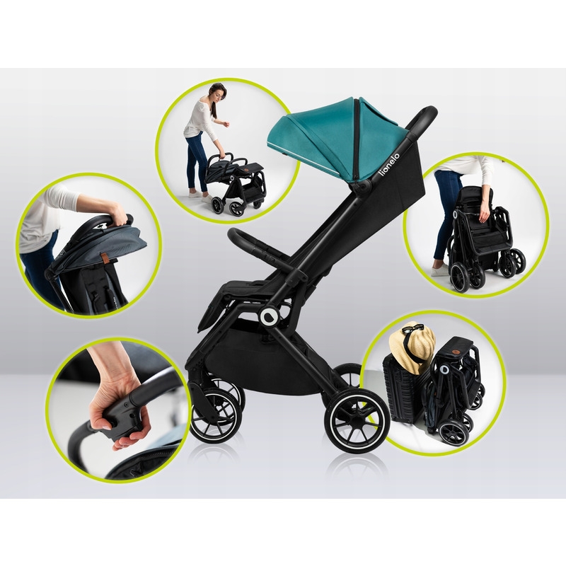 Lionelo - Carucior sport Cloe, De la nastere, Cu accesorii, Cadru din aluminiu, 0-22 kg, Usor, Pliabil cu o singura mana, Ideal pentru toate tipurile de suprafete, Verde smarald