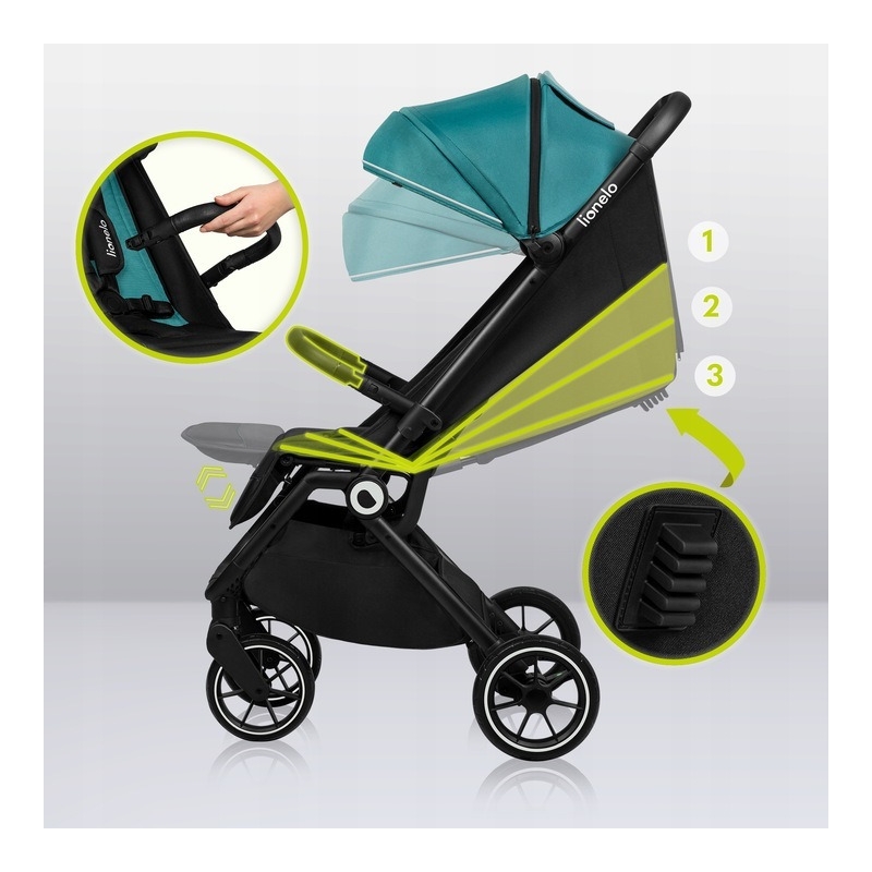 Lionelo - Carucior sport Cloe, De la nastere, Cu accesorii, Cadru din aluminiu, 0-22 kg, Usor, Pliabil cu o singura mana, Ideal pentru toate tipurile de suprafete, Verde smarald