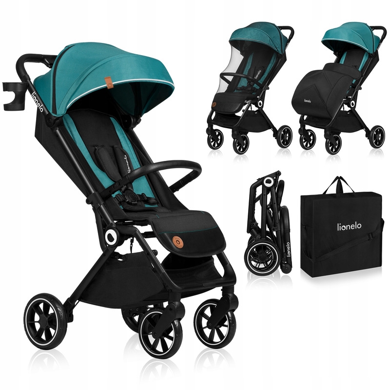 Lionelo - Carucior sport Cloe, De la nastere, Cu accesorii, Cadru din aluminiu, 0-22 kg, Usor, Pliabil cu o singura mana, Ideal pentru toate tipurile de suprafete, Verde smarald