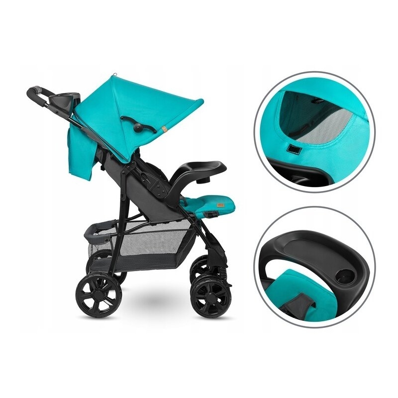 Lionelo - Carucior sport Emma Plus, Cu tavita, 2 Suporturi pentru pahar, Geanta accesorii, Conform cu standardul european de securitate EN1888-1, Vivid Turquoise