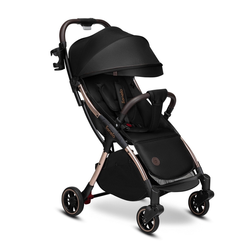 Lionelo - Carucior sport Julie One, De la nastere, Greutate redusa, Cu accesorii, Cadru din aluminiu, 0-22 kg, Conform cu standardele europene de securitate EN1888-1 si EN1888-2, Negru/Auriu