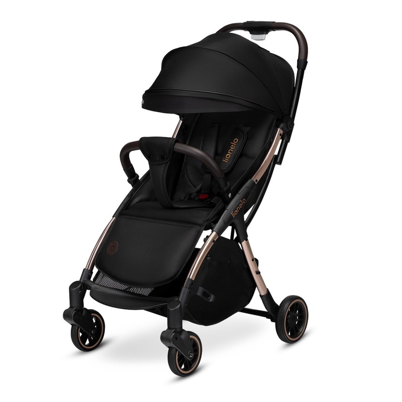 Lionelo - Carucior sport Julie One, De la nastere, Greutate redusa, Cu accesorii, Cadru din aluminiu, 0-22 kg, Conform cu standardele europene de securitate EN1888-1 si EN1888-2, Negru/Auriu