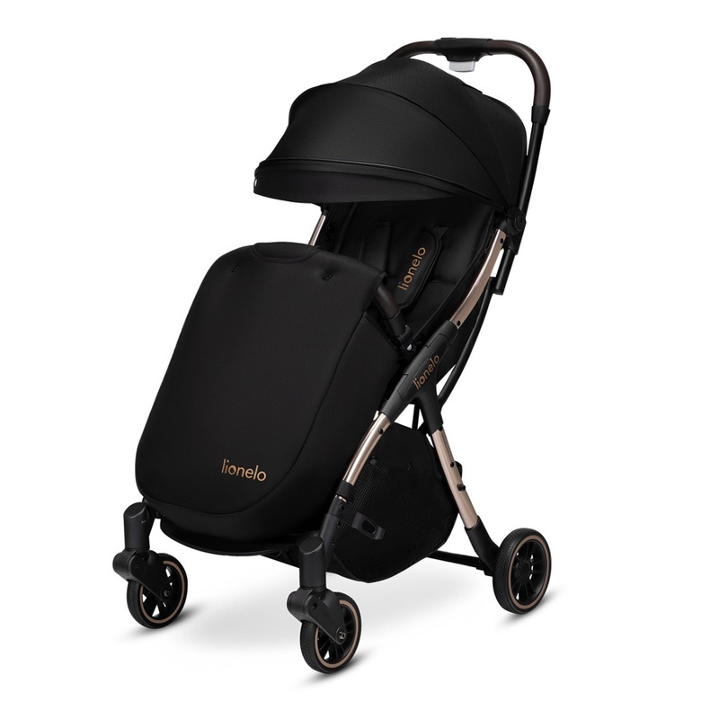Lionelo - Carucior sport Julie One, De la nastere, Greutate redusa, Cu accesorii, Cadru din aluminiu, 0-22 kg, Conform cu standardele europene de securitate EN1888-1 si EN1888-2, Negru/Auriu