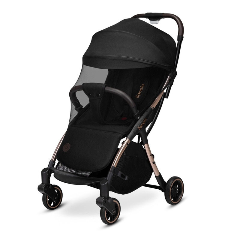 Lionelo - Carucior sport Julie One, De la nastere, Greutate redusa, Cu accesorii, Cadru din aluminiu, 0-22 kg, Conform cu standardele europene de securitate EN1888-1 si EN1888-2, Negru/Auriu