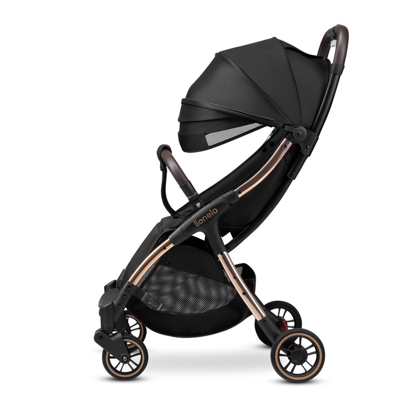 Lionelo - Carucior sport Julie One, De la nastere, Greutate redusa, Cu accesorii, Cadru din aluminiu, 0-22 kg, Conform cu standardele europene de securitate EN1888-1 si EN1888-2, Negru/Auriu