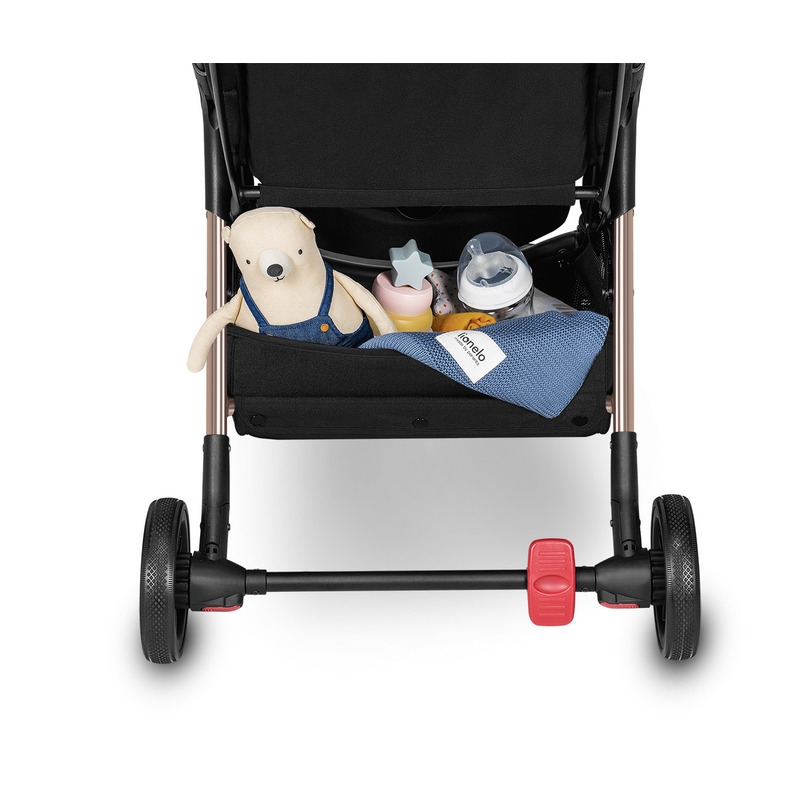 Lionelo - Carucior sport Julie One, De la nastere, Greutate redusa, Cu accesorii, Cadru din aluminiu, 0-22 kg, Conform cu standardele europene de securitate EN1888-1 si EN1888-2, Negru/Auriu