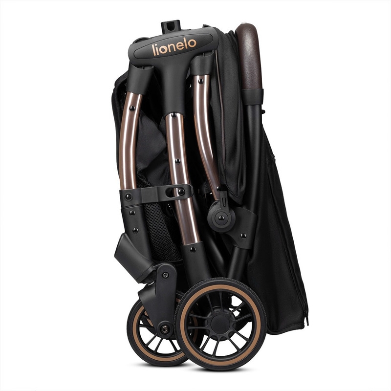 Lionelo - Carucior sport Julie One, De la nastere, Greutate redusa, Cu accesorii, Cadru din aluminiu, 0-22 kg, Conform cu standardele europene de securitate EN1888-1 si EN1888-2, Negru/Auriu