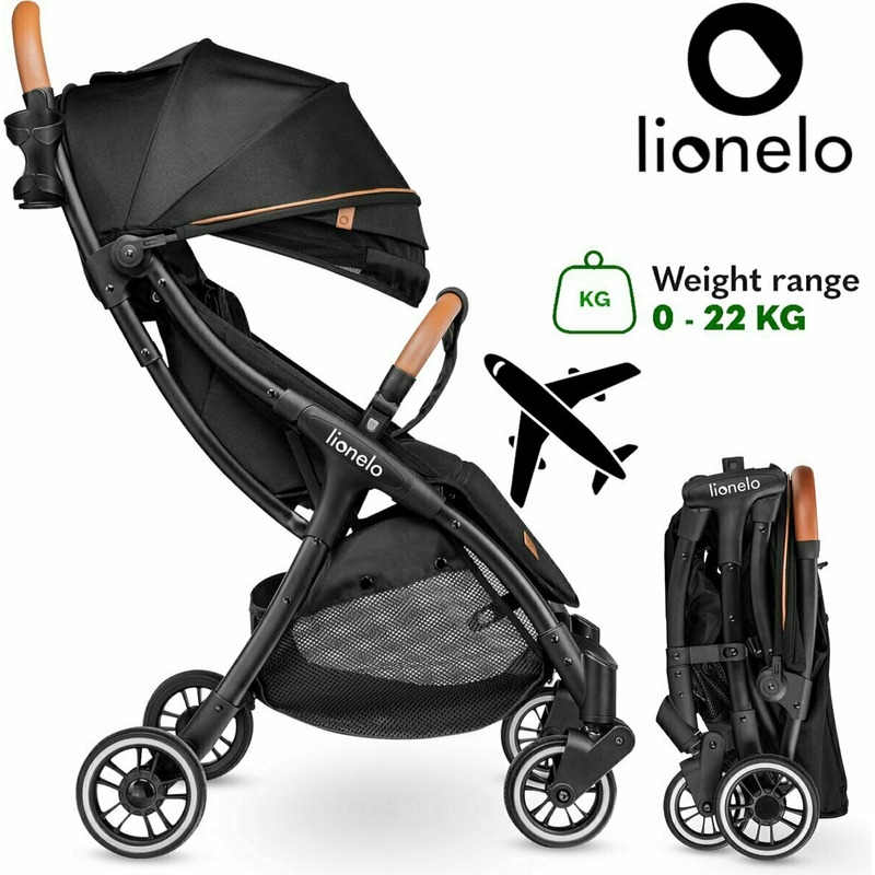 Lionelo - Carucior sport Julie One, De la nastere, Greutate redusa, Cu accesorii, Cadru din aluminiu, 0-22 kg, Conform cu standardele europene de securitate EN1888-1 si EN1888-2, Negru/Auriu