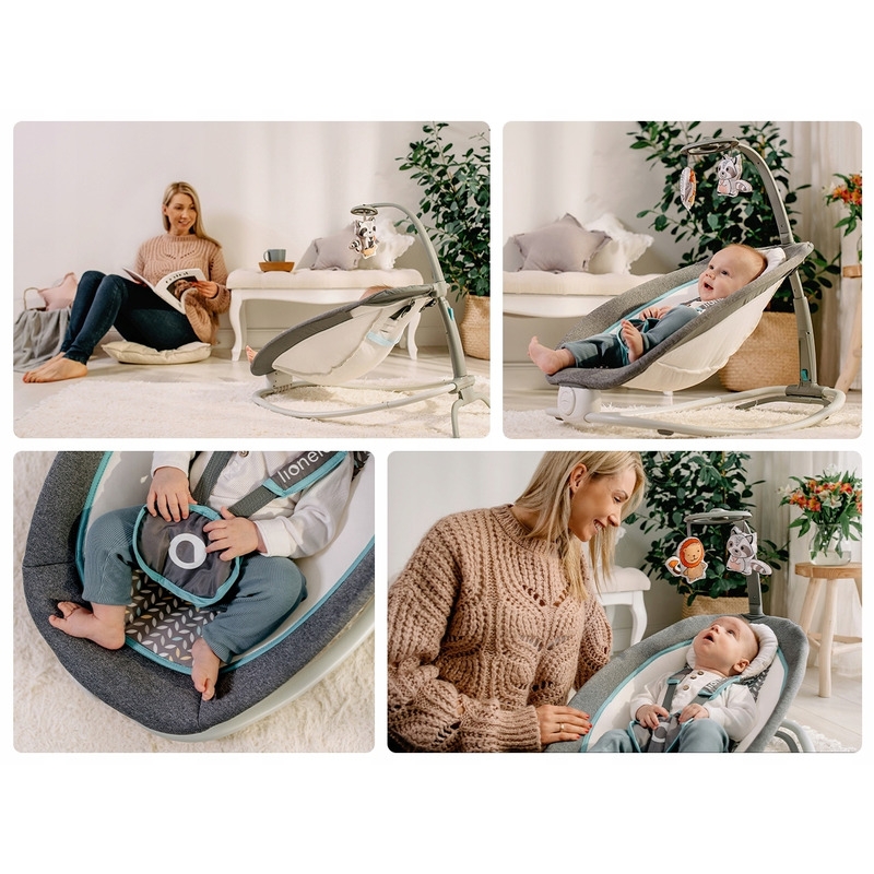 Lionelo - Fotoliu balansoar cu vibratii, Pascal Scandi, Cu 12 melodii linistitoare, Pliabil, 80x49 cm, Gri Deschis