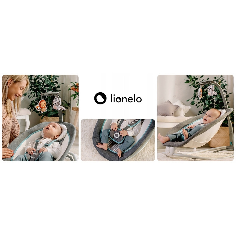 Lionelo - Fotoliu balansoar cu vibratii, Pascal Scandi, Cu 12 melodii linistitoare, Pliabil, 80x49 cm, Gri Deschis