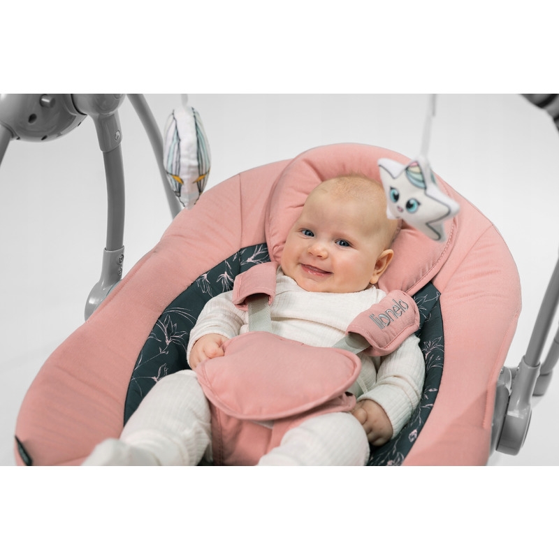 Lionelo - Fotoliu balansoar electric, Ruben, Cu spatar reglabil, Cu 12 melodii relaxante si sunete ale naturii, Cu 3 programe de balansare automata, Conform cu standardul european EN 16232, 68x65 cm, Roz