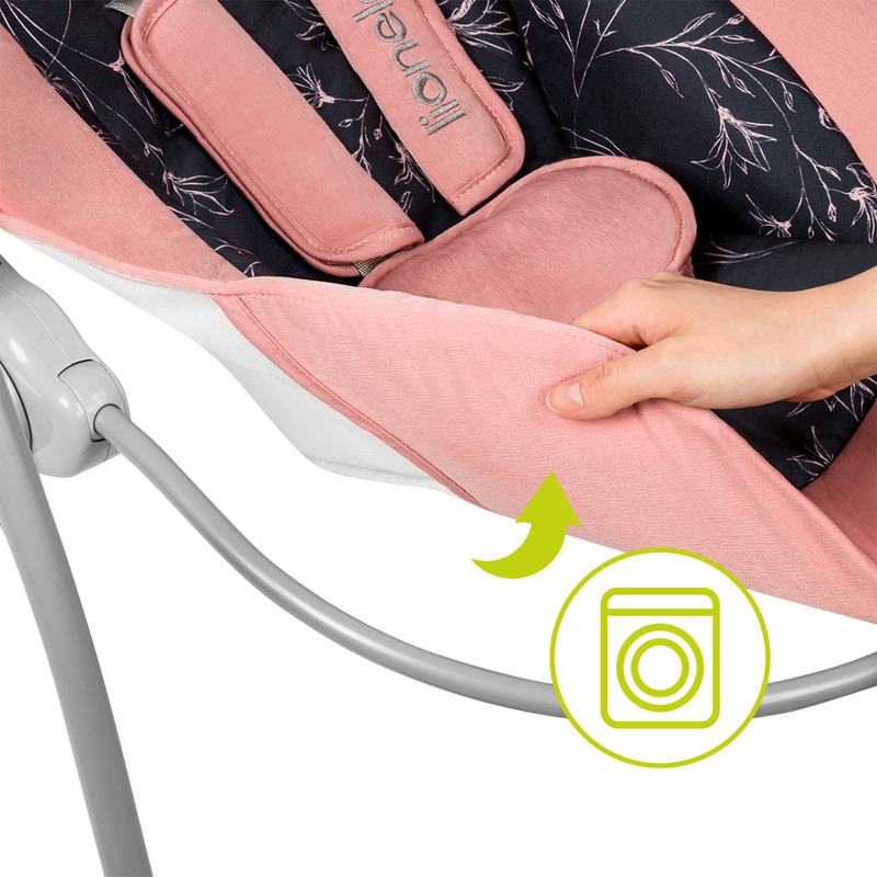 Lionelo - Fotoliu balansoar electric, Ruben, Cu spatar reglabil, Cu 12 melodii relaxante si sunete ale naturii, Cu 3 programe de balansare automata, Conform cu standardul european EN 16232, 68x65 cm, Roz