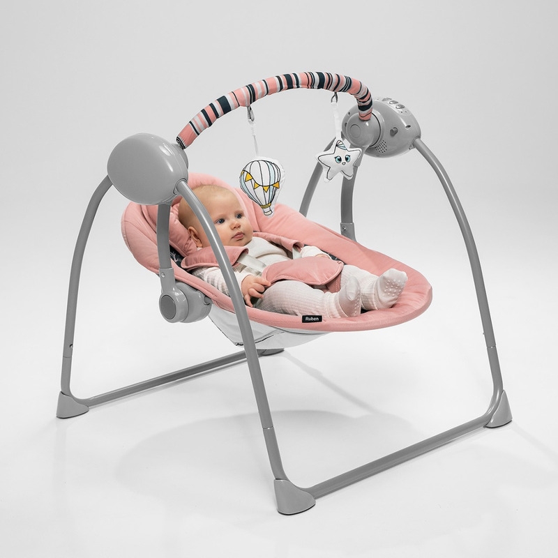 Lionelo - Fotoliu balansoar electric, Ruben, Cu spatar reglabil, Cu 12 melodii relaxante si sunete ale naturii, Cu 3 programe de balansare automata, Conform cu standardul european EN 16232, 68x65 cm, Roz