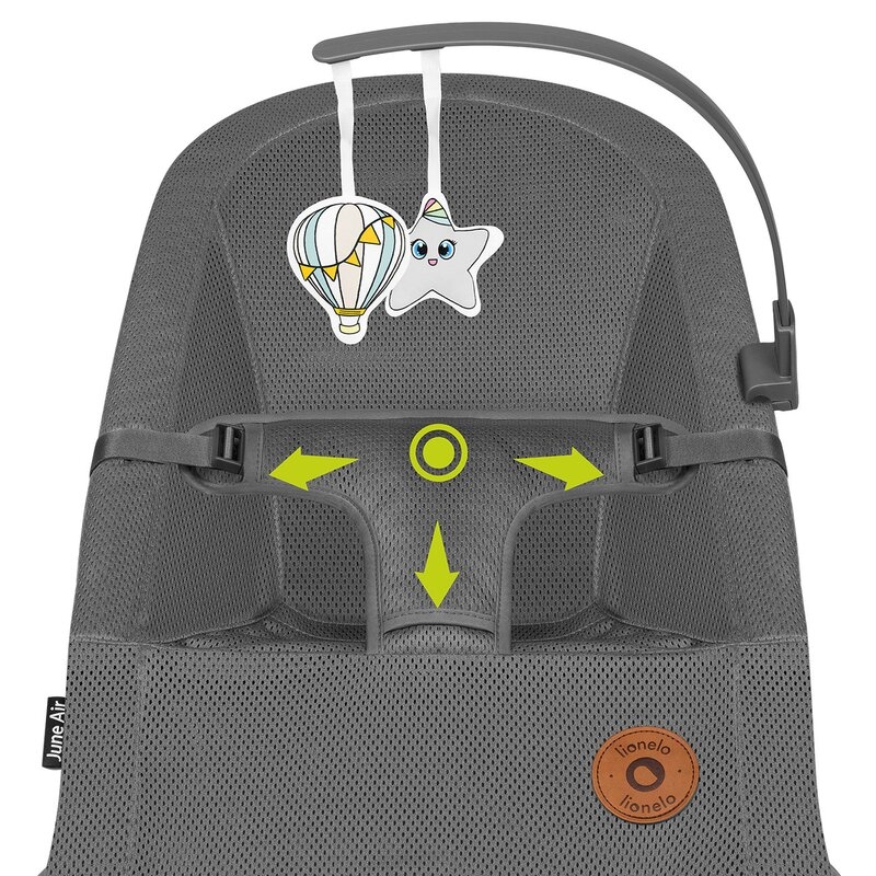 Lionelo - Fotoliu balansoar June AIR, Cu arcada cu jucarii, Ergonomic, Permite circulatia aerului, Balansare manuala, Pliabil, 0 luni+, Gri