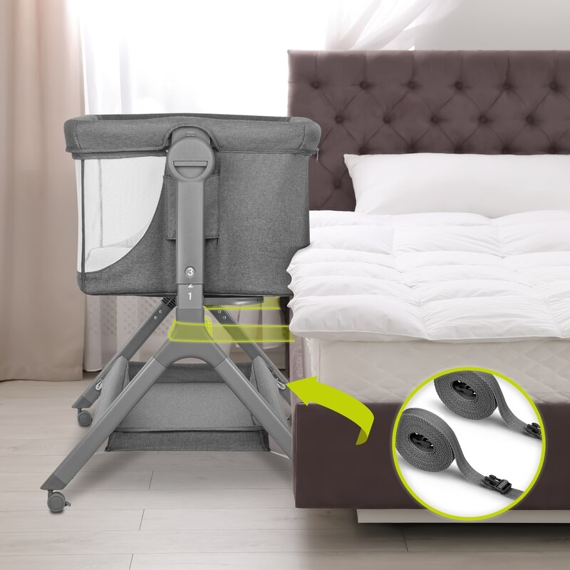Lionelo - Patut co-sleeper Leonie Plus, Pliabil, Cu sistem de leganare, Cu setare unghiulara, Reglabil in 6 pozitii pe inaltime, Conform cu standardele europeane de securitate EN1130 si EN16890, Gri