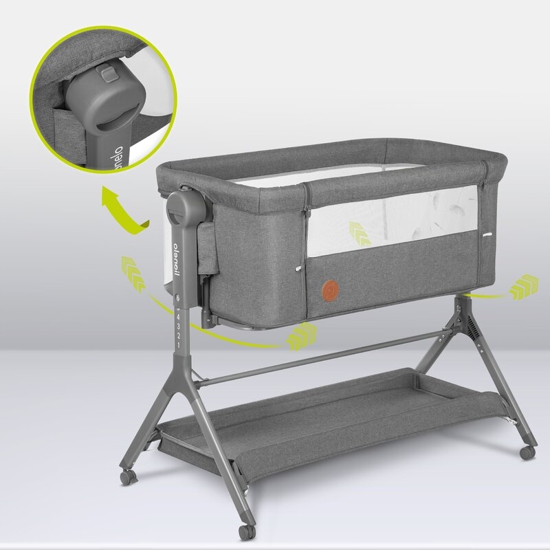 Lionelo - Patut co-sleeper Leonie Plus, Pliabil, Cu sistem de leganare, Cu setare unghiulara, Reglabil in 6 pozitii pe inaltime, Conform cu standardele europeane de securitate EN1130 si EN16890, Gri