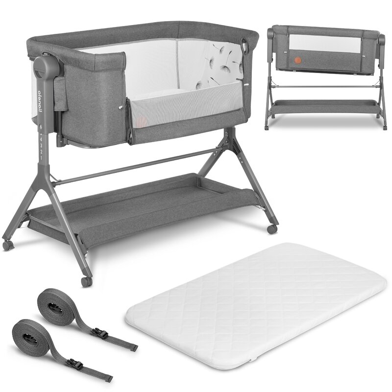 Lionelo - Patut co-sleeper Leonie Plus, Pliabil, Cu sistem de leganare, Cu setare unghiulara, Reglabil in 6 pozitii pe inaltime, Conform cu standardele europeane de securitate EN1130 si EN16890, Gri