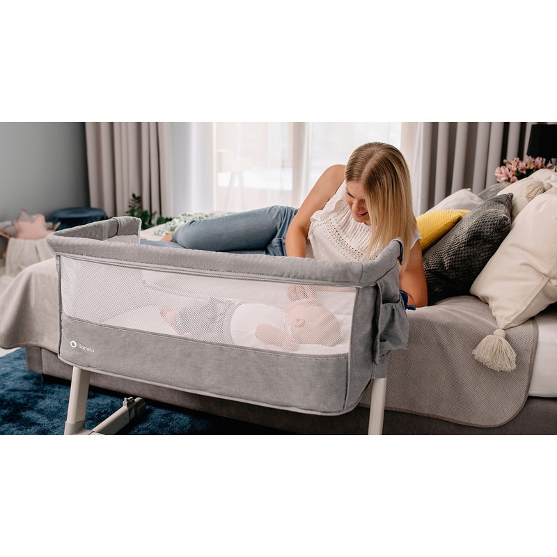 Lionelo - Patut co-sleeper Theo 2 in 1, Cu setare unghiulara, Reglabil in 5 pozitii pe inaltime, Conform cu standardele europeane de securitate EN1130 si EN16890, Grey Stone