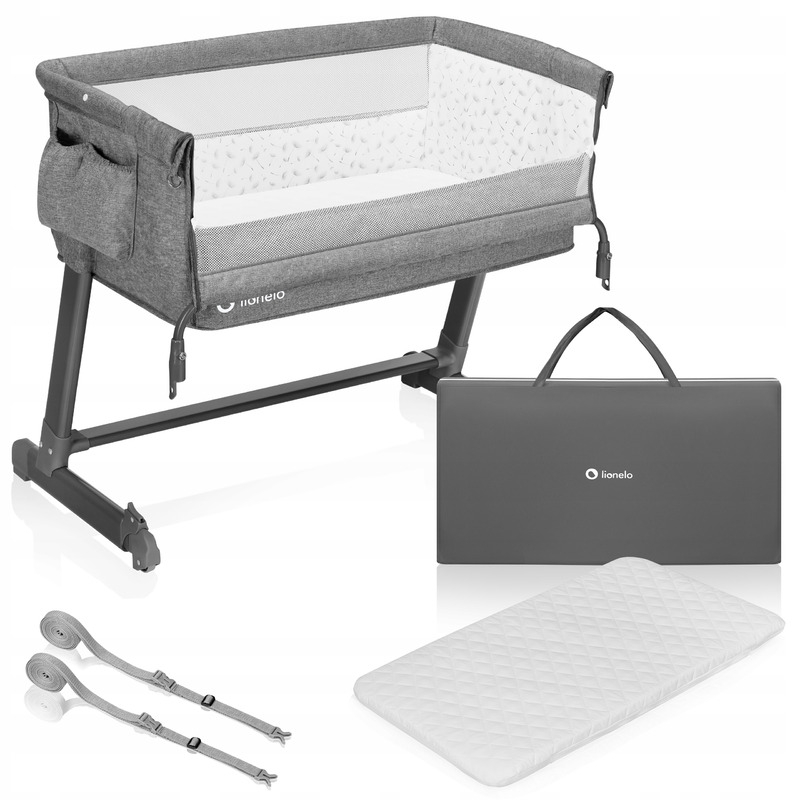 Lionelo - Patut co-sleeper Theo 2 in 1, Cu setare unghiulara, Reglabil in 5 pozitii pe inaltime, Conform cu standardele europeane de securitate EN1130 si EN16890, Grey Stone