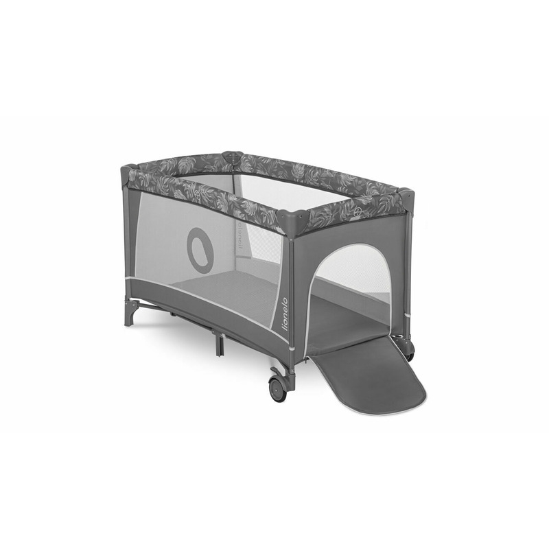 Lionelo - Patut pliant cu doua nivele Flower , Cu arcada, Geanta transport, Masuta de infasat, Bara cu jucarii, Fereastra laterala, 120x60 cm, Conform cu standardele europeane de securitate EN 716 si EN12221, Gri