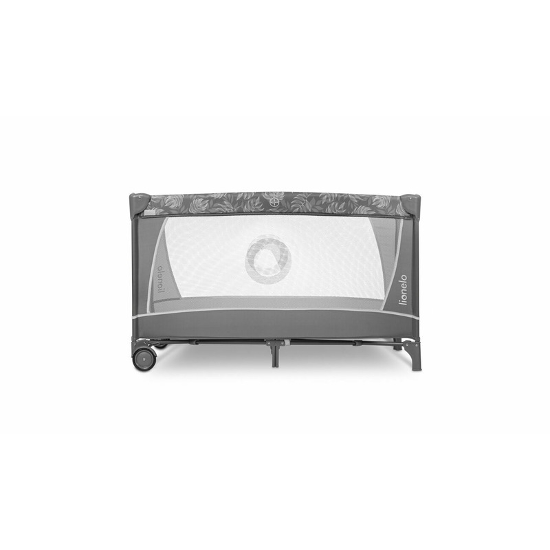Lionelo - Patut pliant cu doua nivele Flower , Cu arcada, Geanta transport, Masuta de infasat, Bara cu jucarii, Fereastra laterala, 120x60 cm, Conform cu standardele europeane de securitate EN 716 si EN12221, Gri