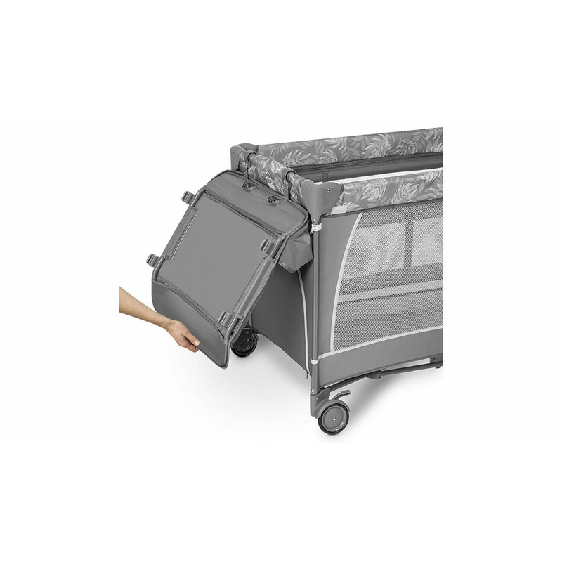 Lionelo - Patut pliant cu doua nivele Flower , Cu arcada, Geanta transport, Masuta de infasat, Bara cu jucarii, Fereastra laterala, 120x60 cm, Conform cu standardele europeane de securitate EN 716 si EN12221, Gri