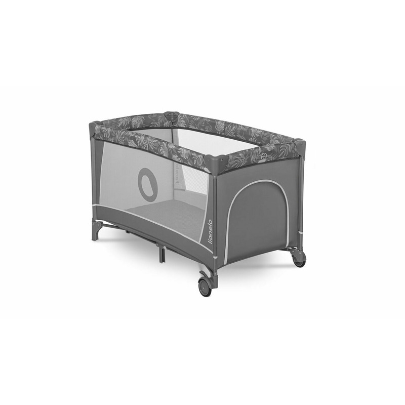 Lionelo - Patut pliant cu doua nivele Flower , Cu arcada, Geanta transport, Masuta de infasat, Bara cu jucarii, Fereastra laterala, 120x60 cm, Conform cu standardele europeane de securitate EN 716 si EN12221, Gri