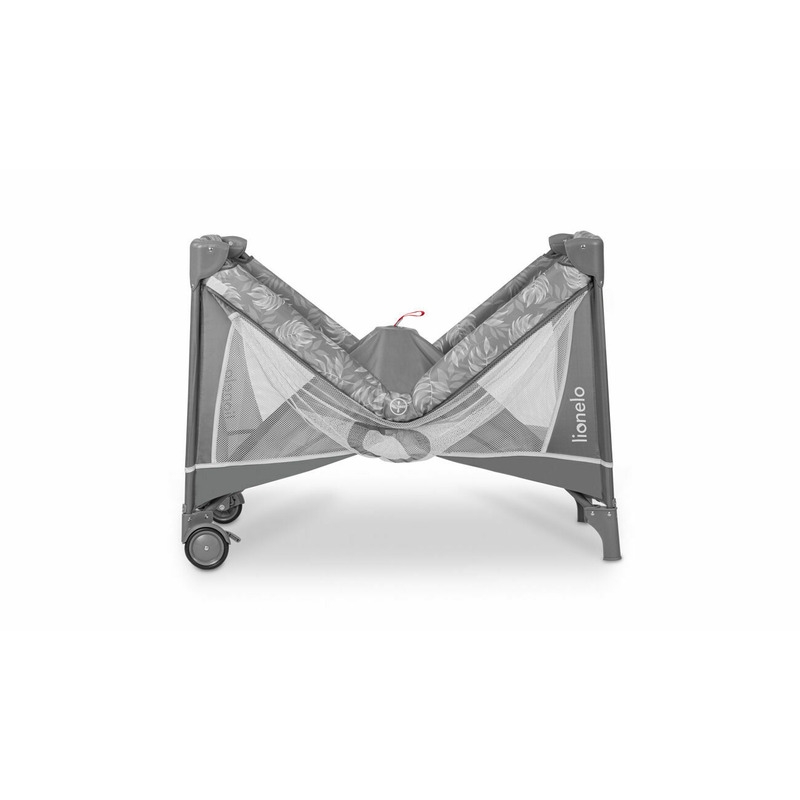 Lionelo - Patut pliant cu doua nivele Flower , Cu arcada, Geanta transport, Masuta de infasat, Bara cu jucarii, Fereastra laterala, 120x60 cm, Conform cu standardele europeane de securitate EN 716 si EN12221, Gri